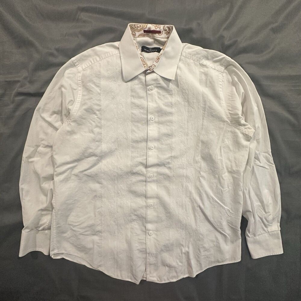 Bugatchi Uomo Dress Shirt Mens L Floral Print White Long Sleeve Contrast Cuff